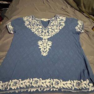 Impressions Women's White & Blue Embroidered Floral Tunic Top Blouse Boho 70s XL